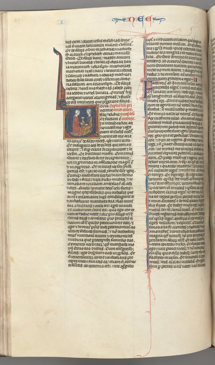 Fol. 178v, Nehemías, inicial historiada V, Nehemías presentando la copa de oro a Artajerjes, c. 127 de Unbekannt