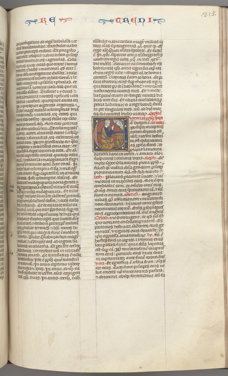 Fol. 315r, Lamentaciones, inicial historiada E, un Jeremías arrodillado rezando a un busto de Dios, c. 127 de Unbekannt