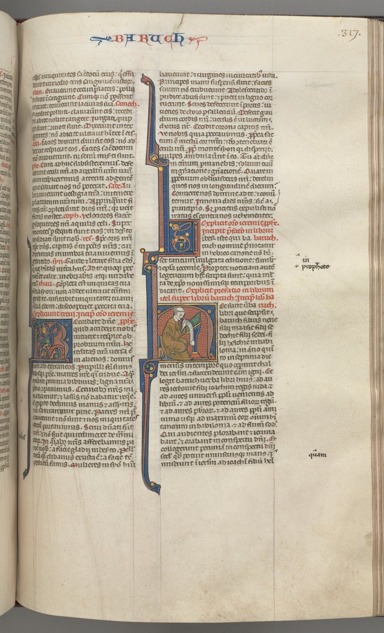 Fol. 317r, Baruch, inicial historiada H, Baruch sentado en un escritorio escribiendo en un pergamino, c. 1275-1300 de Unbekannt