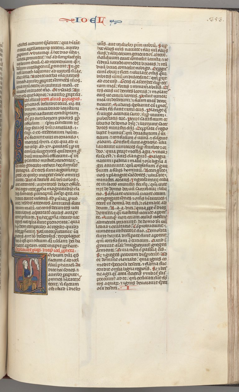 Fol. 353r, Joel, inicial historiada V, Joel sentado con un pergamino, busto de Dios arriba de Unbekannt