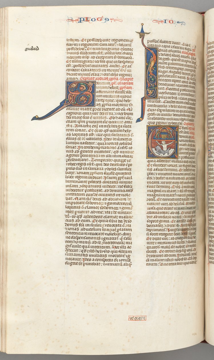 Fol. 357v, Jonás, inicial historiada E, Jonás tragado por la ballena, una ciudad amurallada arriba, c. 1275 de Unbekannt