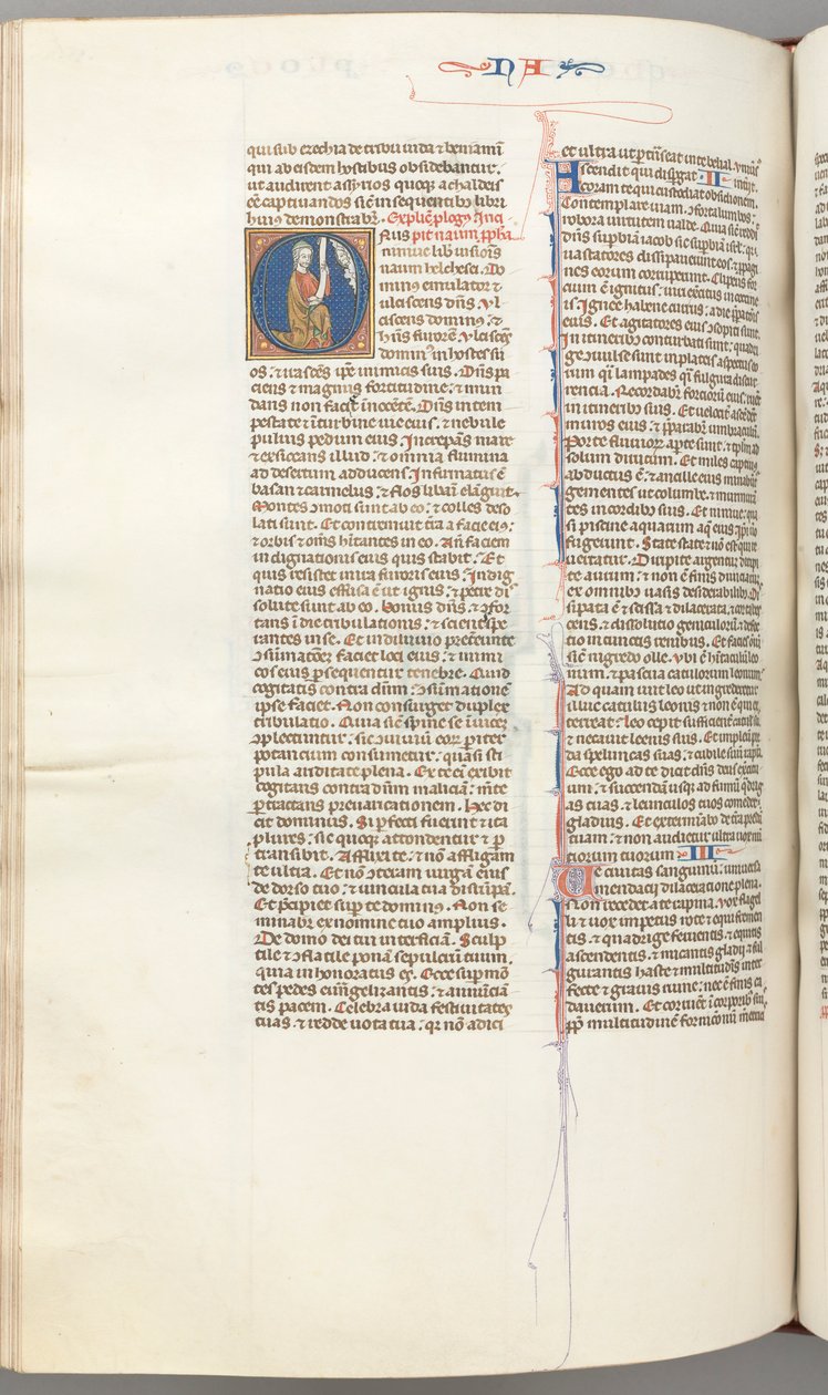 Fol. 360v, Nahum, inicial historiada O, Nahum arrodillado con un pergamino, busto de Dios arriba, c. 1275-13 de Unbekannt