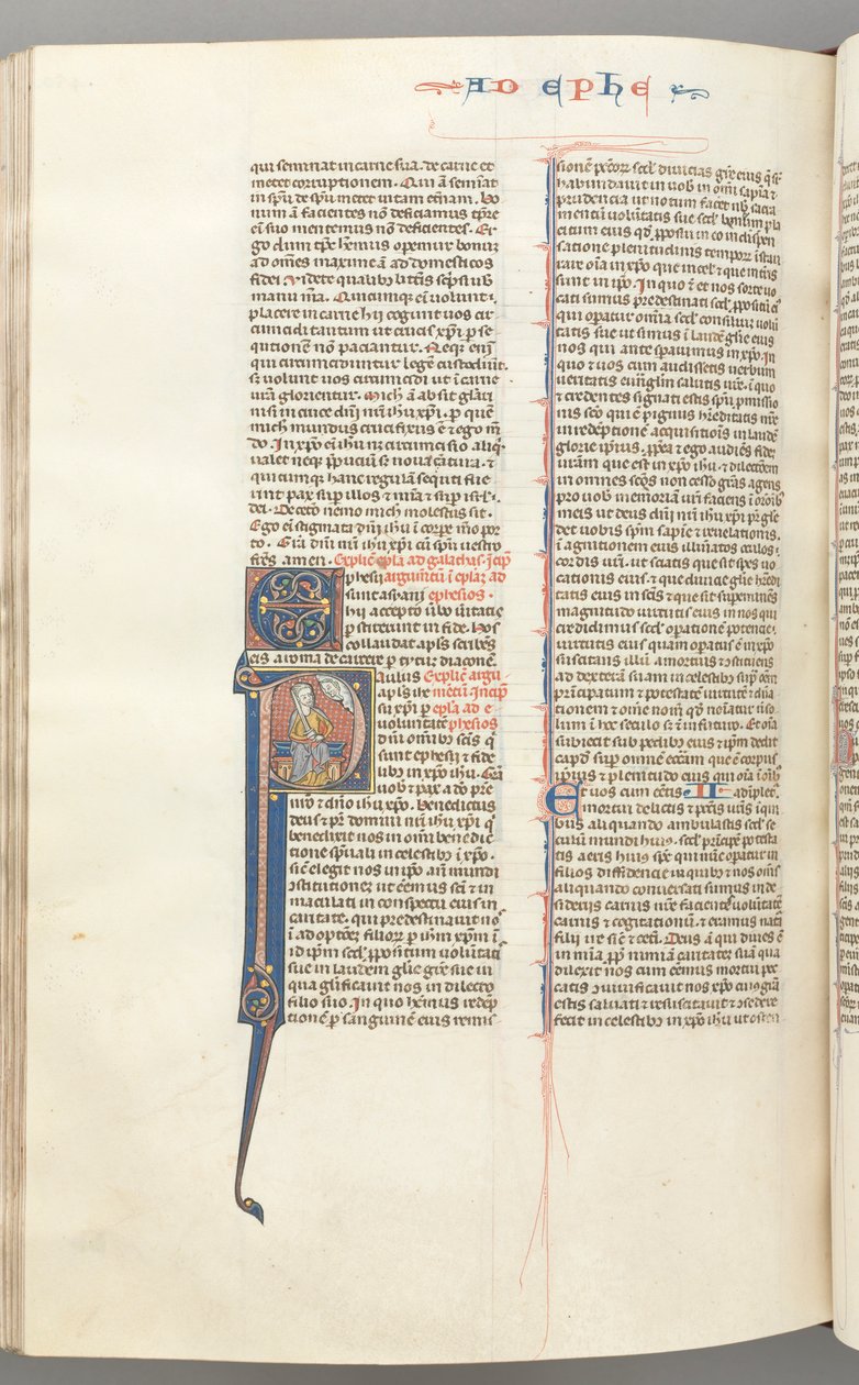 Fol. 450v, Efesios, inicial historiada P, Pablo sentado con una espada, el busto de Dios arriba, c. 127 de Unbekannt