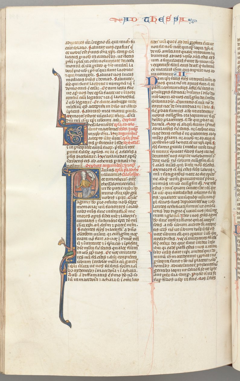 Fol. 454v, Tesalonicenses I, inicial historiada P, Pablo sentado con una espada y un libro de Unbekannt