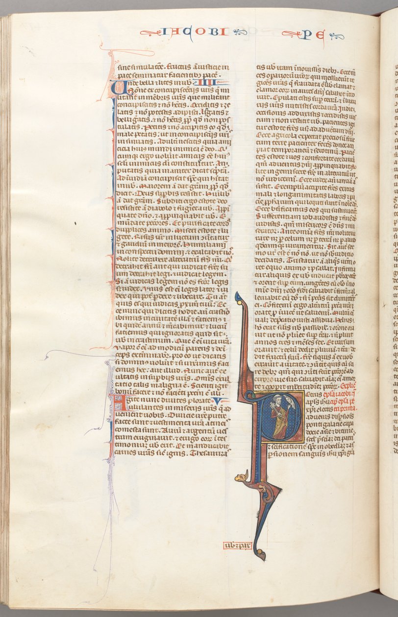 Fol. 477v, Pedro, inicial historiada P, Pedro con una llave, hablando con el busto de Dios arriba, c. 1275 de Unbekannt