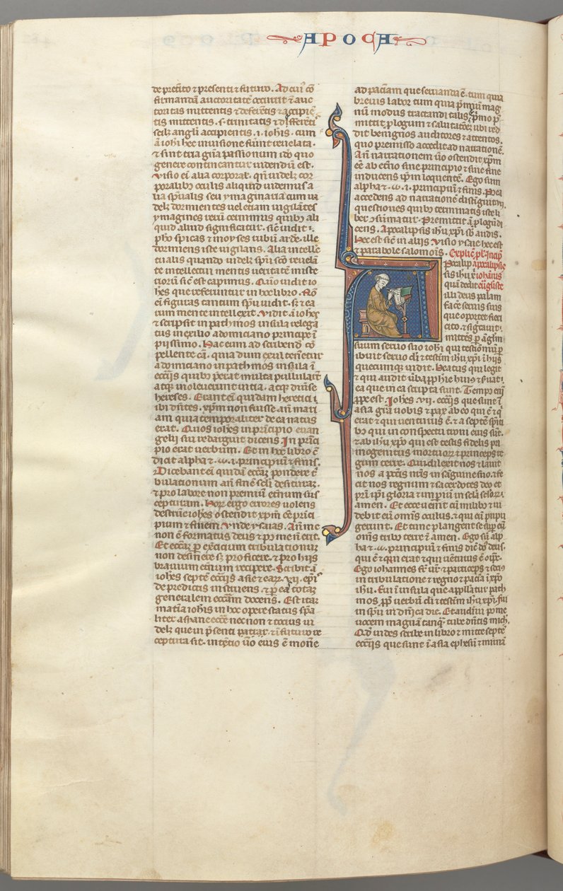 Fol. 482v, Revelaciones, inicial historiada A, Juan sentado en un escritorio escribiendo..., c. 1275-1300 de Unbekannt