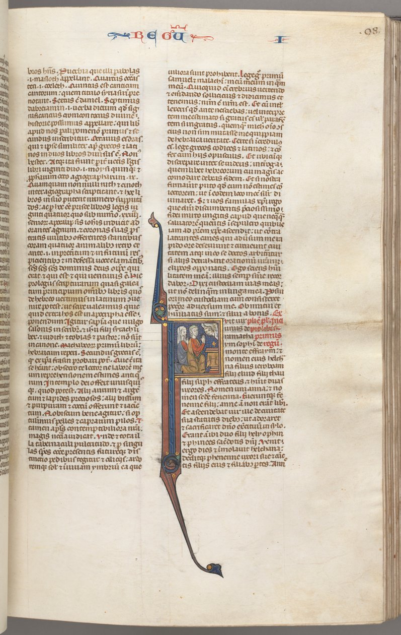 Fol. 98r, Reyes I, inicial historiada F, Elkanah y Hannah arrodillados ante un altar..., c. 1275-13 de Unbekannt