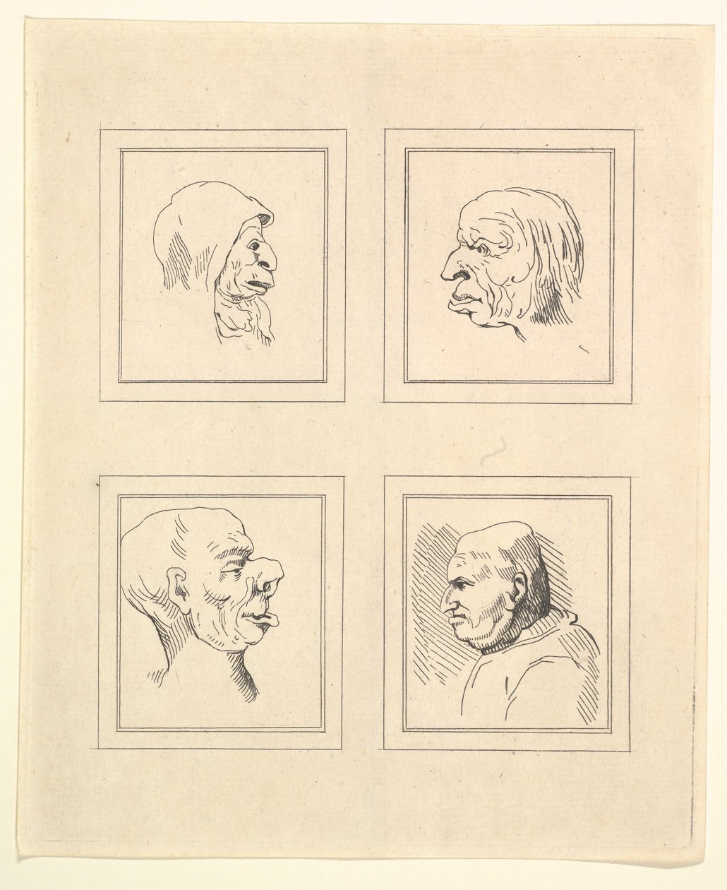 Cuatro cabezas de Caricaturas de Leonardo da Vinci, de dibujos de Wincelslaus Hollar, o..., 1786 de Unbekannt