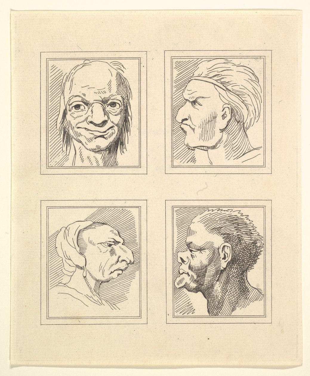 Cuatro cabezas de Caricaturas de Leonardo da Vinci, de dibujos de Wincelslaus Hollar, o..., 1786 de Unbekannt