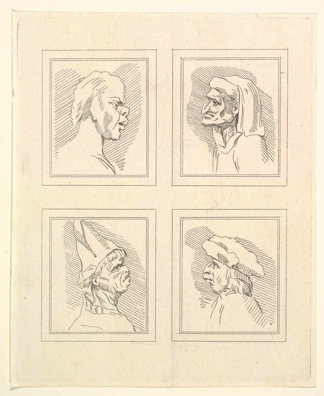 Cuatro cabezas de caricaturas de Leonardo da Vinci, de dibujos de Wincelslaus Hollar, o..., 1786 de Unbekannt