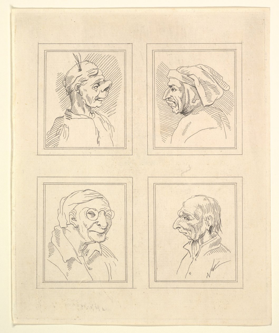 Cuatro cabezas de caricaturas de Leonardo da Vinci, de dibujos de Wincelslaus Hollar, 1786 de Unbekannt