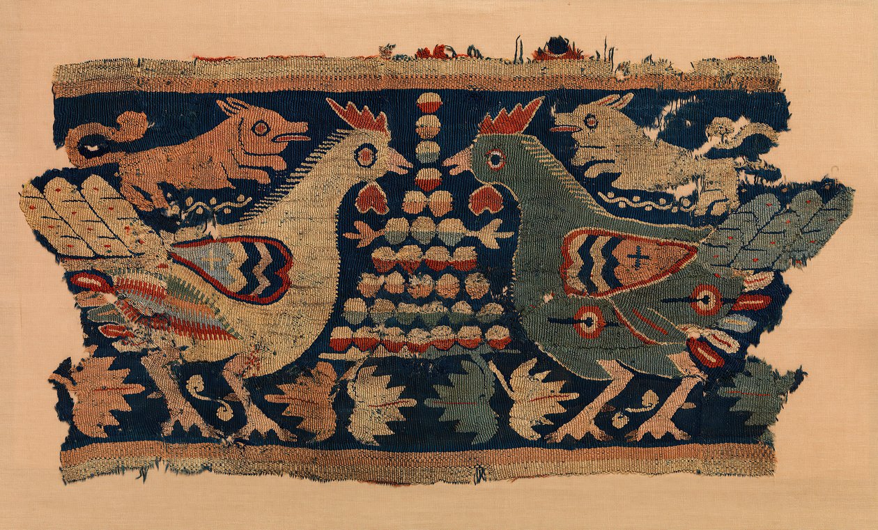 Fragmento de tapiz mural con gallos enfrentados y perros corriendo, copto, siglo IV-VI de Unbekannt