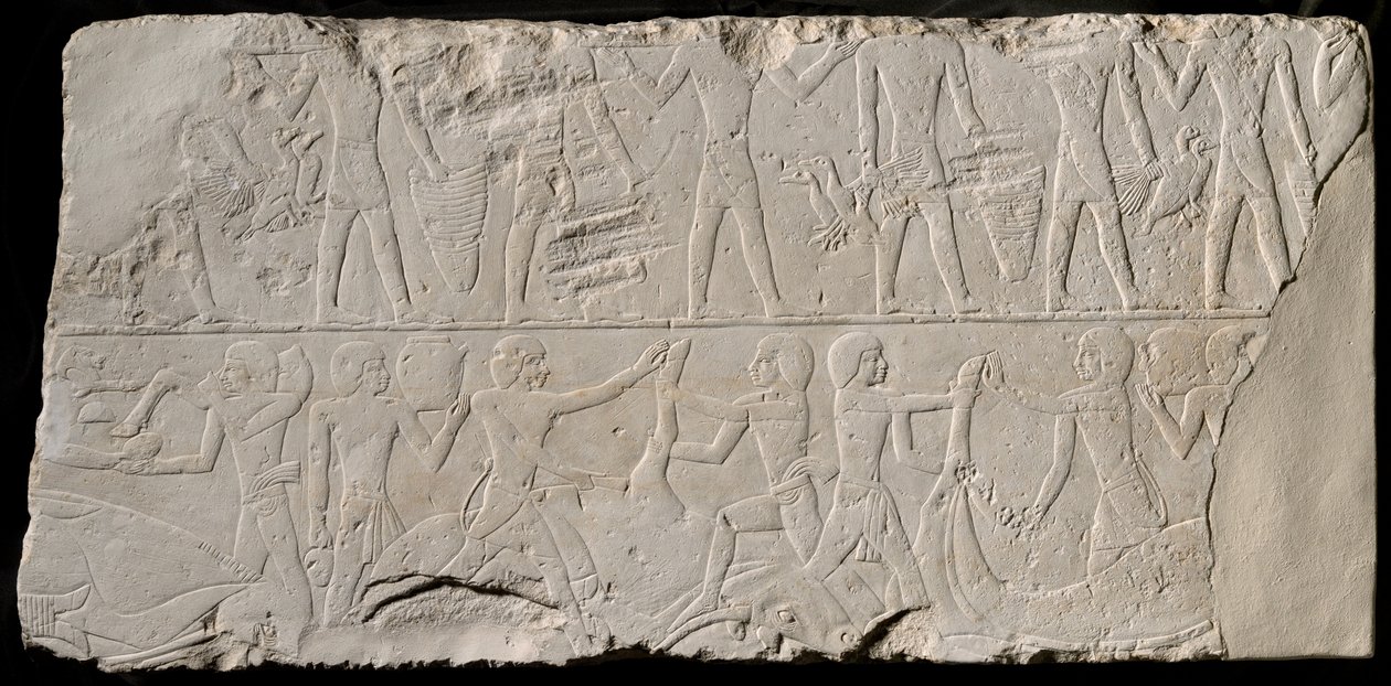 Fragmento de una pared de tumba que representa portadores de ofrendas y carniceros, Egipto, Reino Antiguo de Unbekannt