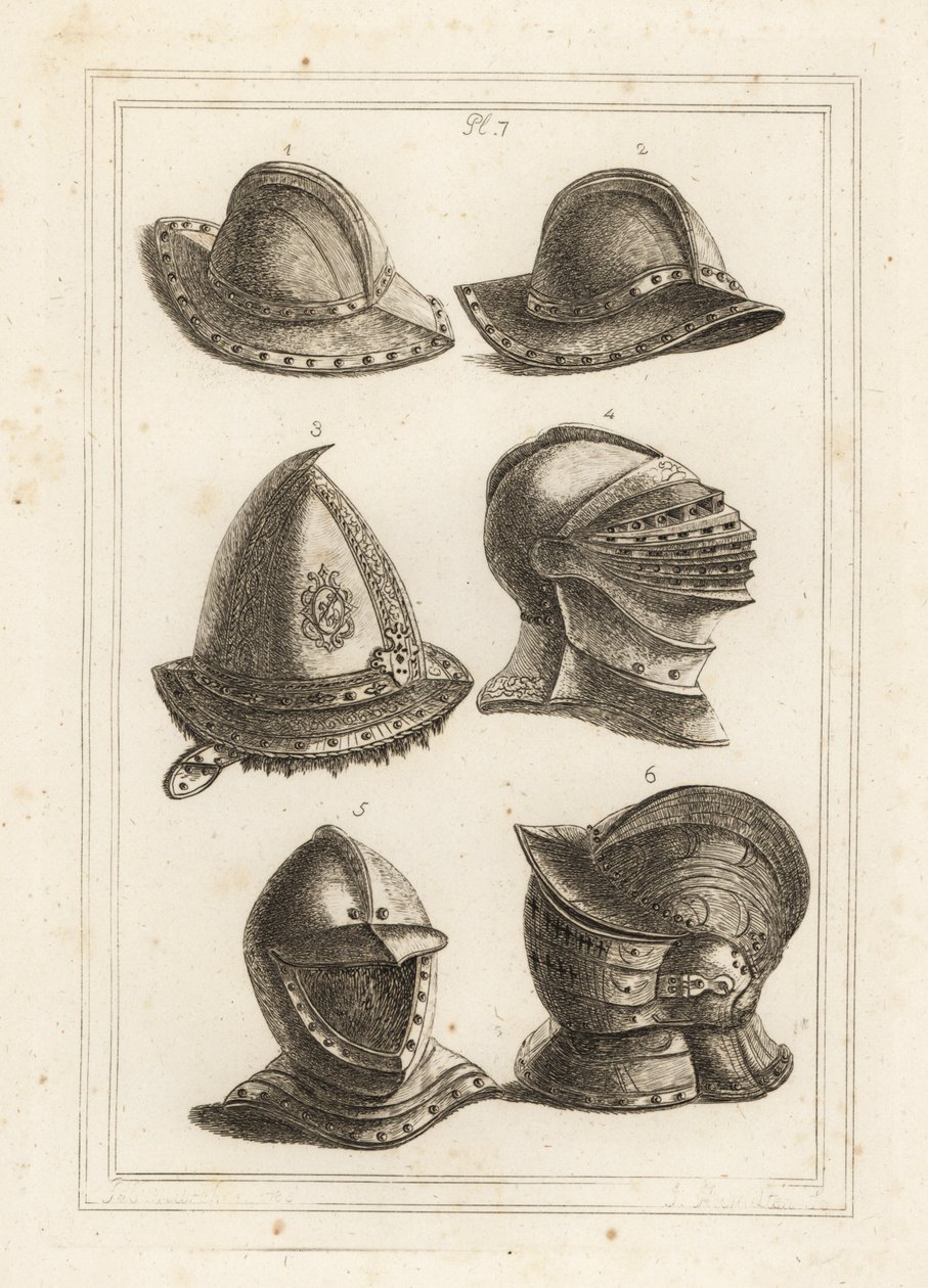 Casco de olla de hierro francés, casco de acero grabado del siglo XVI, casco grande brillante, casco abierto, casco ornamentado con visera de Unbekannt