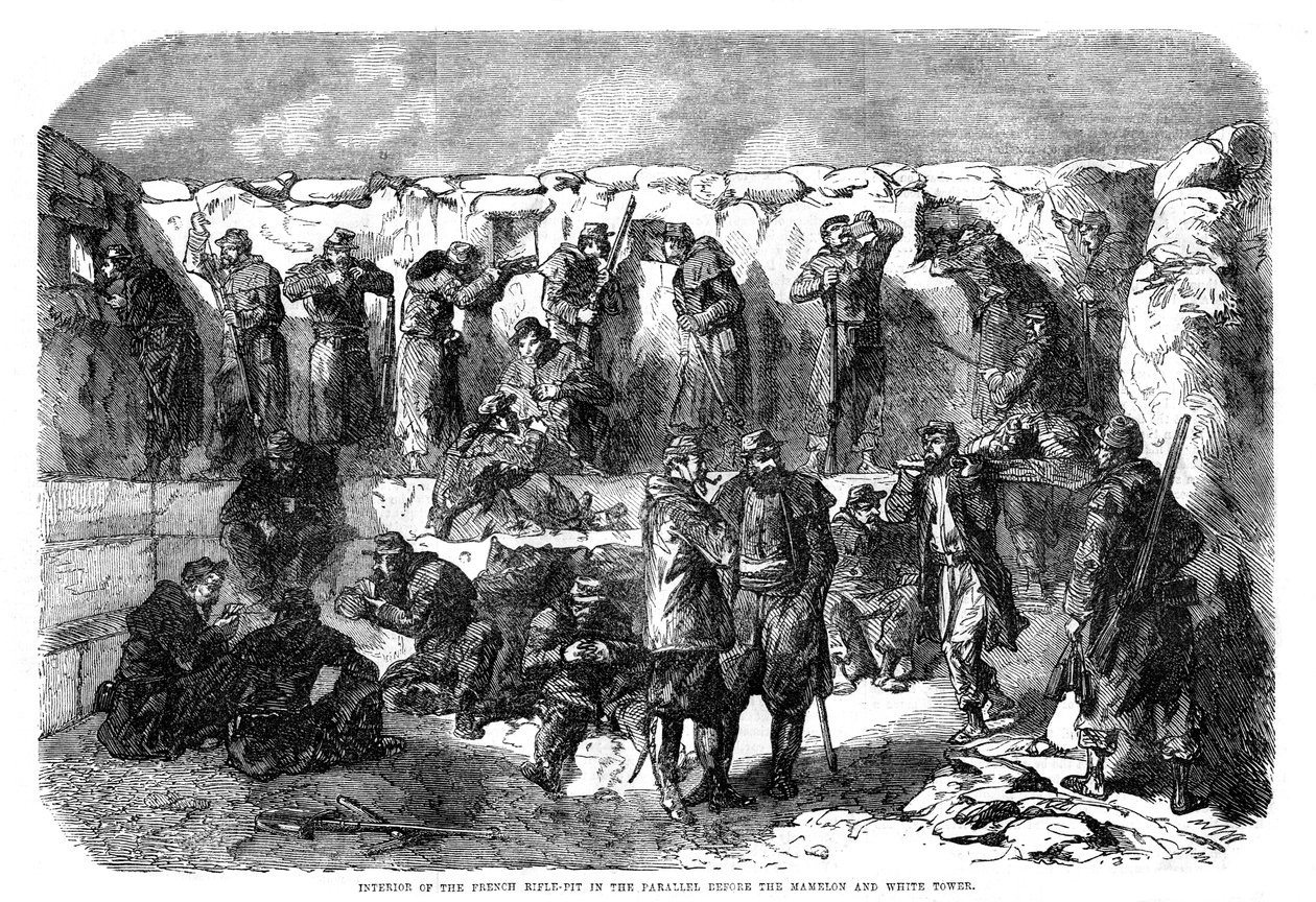 Fosa de fusileros franceses en el paralelo antes del mamelón y la torre blanca, Sebastopol, Guerra de Crimea, 1855 de Unbekannt