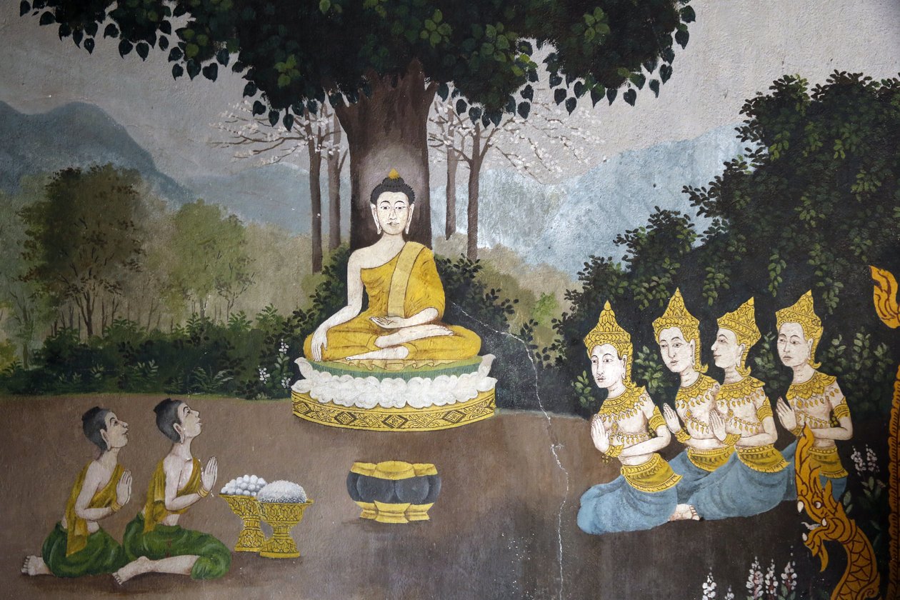 Fresco que representa una escena de la vida del Buda en Wat Phra Doi Suthep, Chiang Mai. Buda recibiendo limosnas. Tailandia de Unbekannt