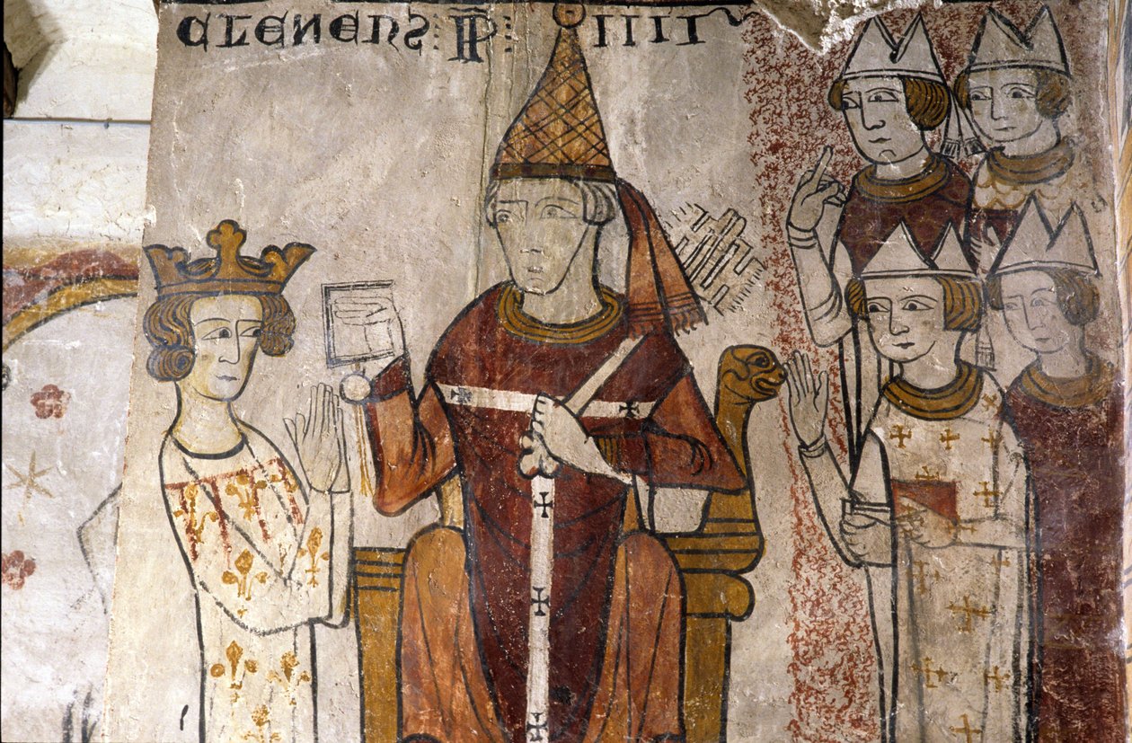 Fresco de la Torre Ferrande en Pernes-les-Fontaines (Pernes les Fontaines, Vaucluse (84)) del siglo XIII: Carlos I de Anjou (1226-1285) fue investido en el Reino de Sicilia el 28/06/1265 por el Papa Clemente IV (v. 1195-1268). de Unbekannt