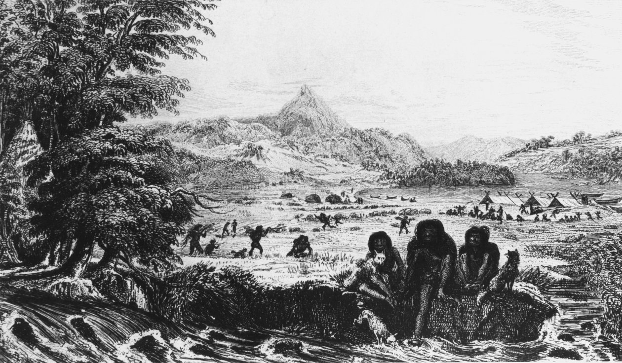 Fueguinos en Woollya, con el campamento de la expedición Fitzroy al fondo, 1831-1839 de Unbekannt