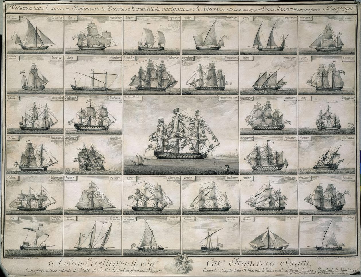 Grabado de los barcos de guerra y mercantes que navegaron en el Mediterráneo de Unbekannt