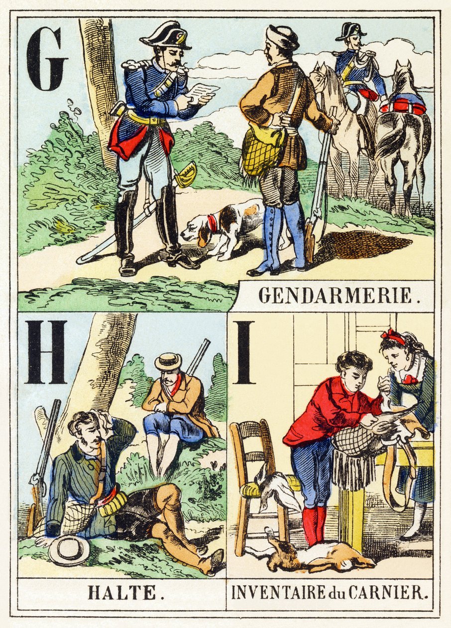 G H I: Gendarmería, Alto, Inventario del carnívoro - El Alfabeto de la Caza, c.1890 (grabado) de Unbekannt