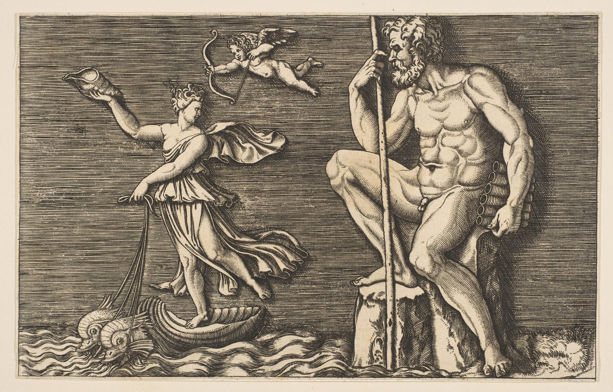 Galatea escapando de Polifemo, él está sentado en una roca sosteniendo un bastón y flautas, ca. 1515-1600 de Unbekannt