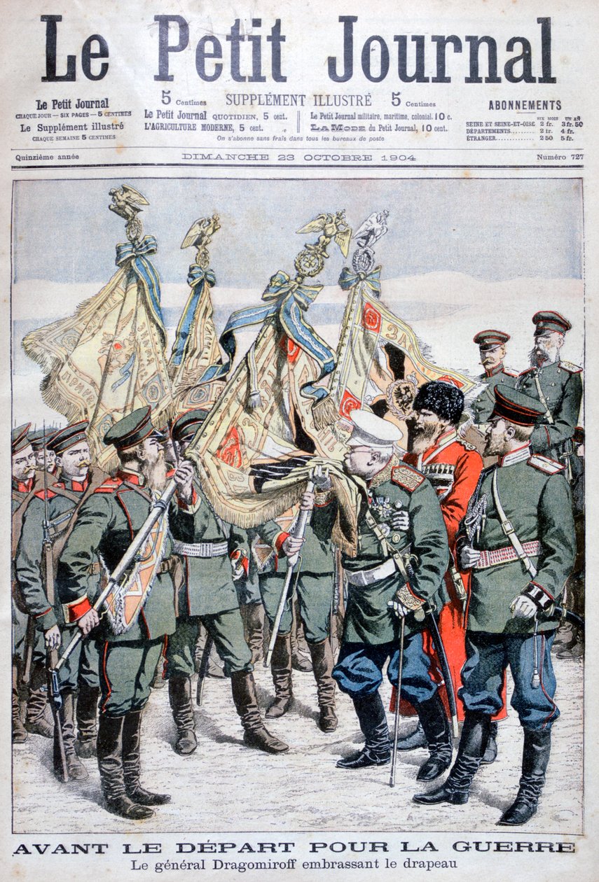 El general Dragomirov besa la bandera antes de que las tropas partan para la Guerra Ruso-Japonesa, 1904 de Unbekannt