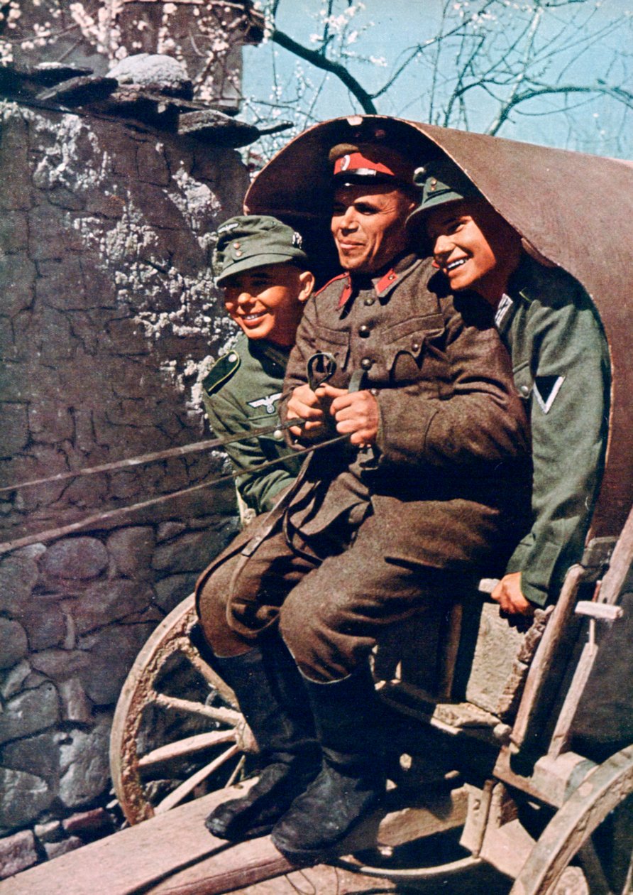 Tropas alpinas alemanas en un carro con un soldado búlgaro, Valle de Struma, Bulgaria, 1941 de Unbekannt
