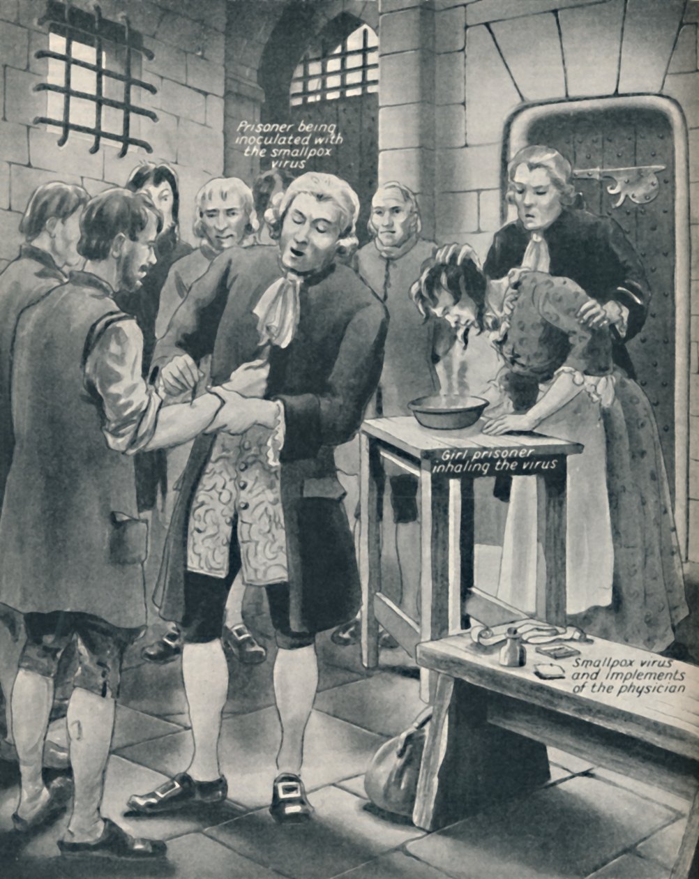 Dando viruela a los prisioneros en la cárcel, finales del siglo XVIII, c. 1934 de Unbekannt