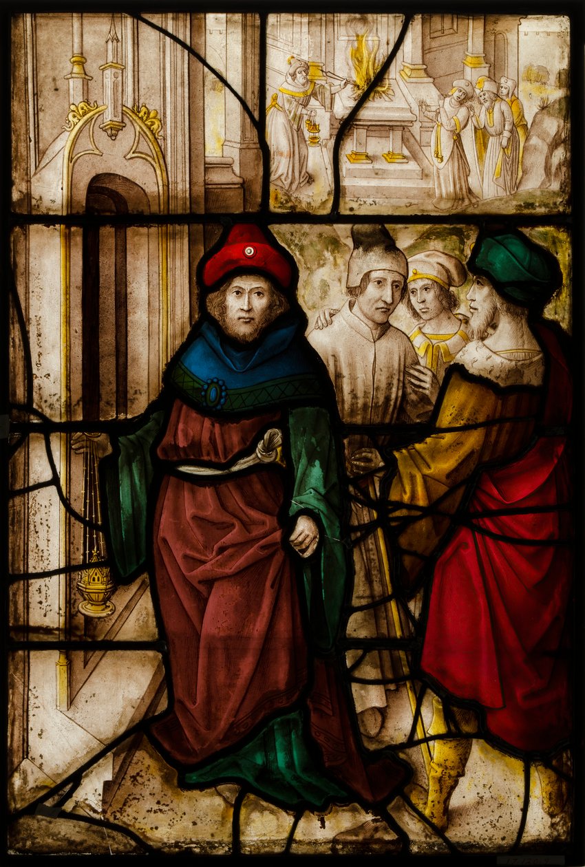 Panel de vidrio con profanación de Jerusalén y los ritos sagrados del templo, alemán o sur de los Países Bajos de Unbekannt