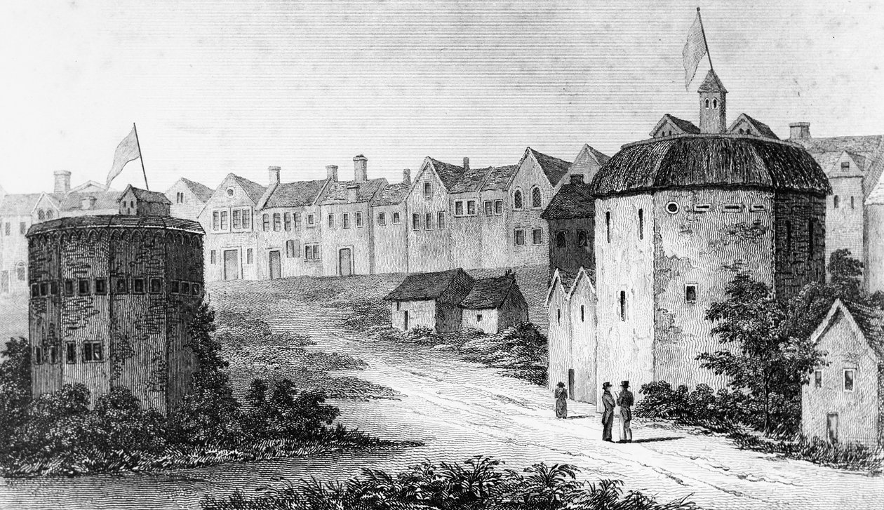 Teatro Globe, Bankside, Southwark a la derecha y el Bear Garden, c1597 1825 de Unbekannt
