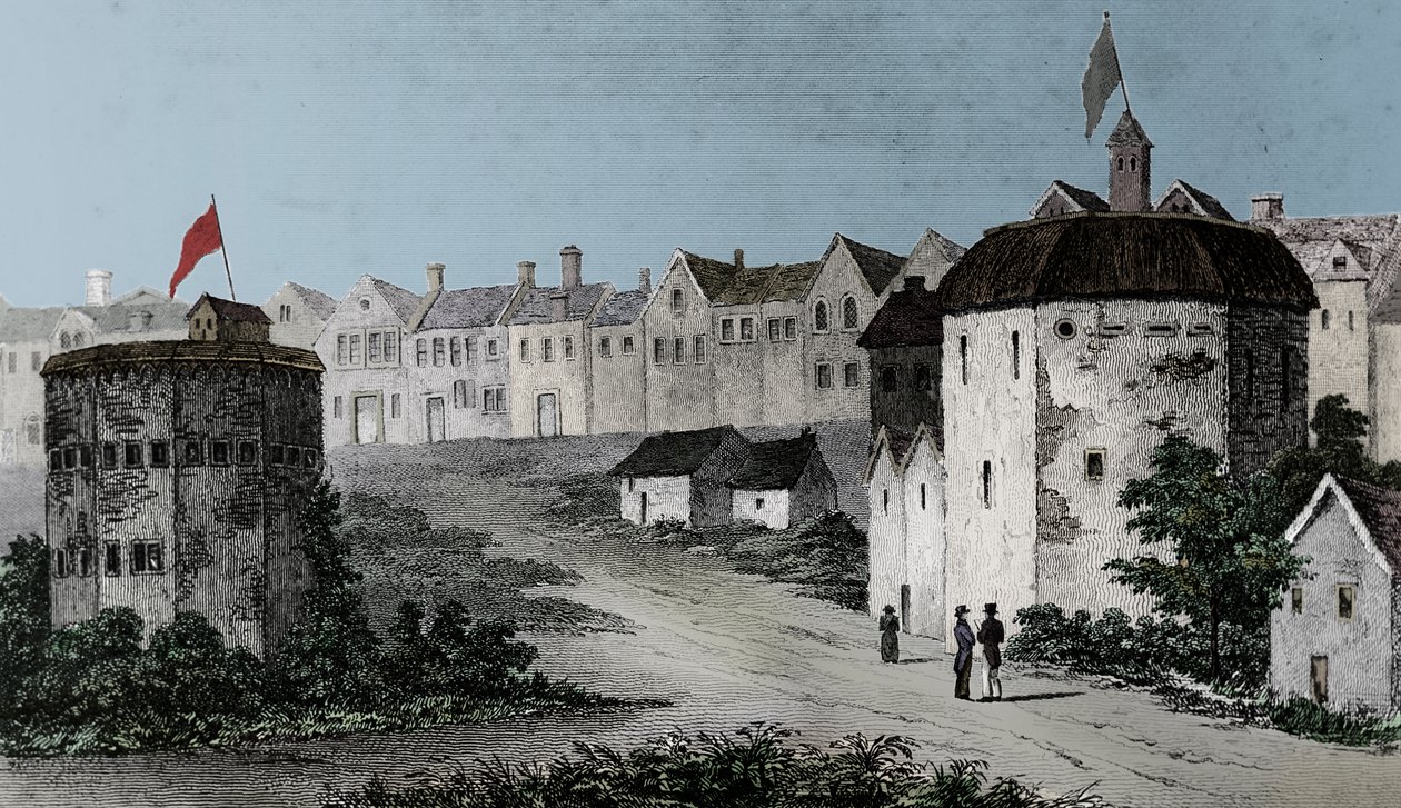 Teatro Globe, Bankside, Southwark a la derecha y el Bear Garden, c. 1597, 1825 de Unbekannt
