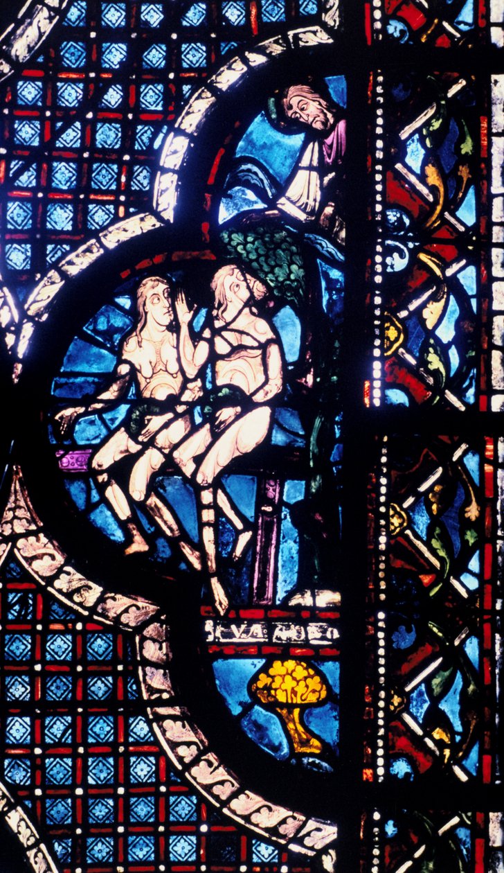 Dios confronta a Adán y Eva, vidriera, Catedral de Chartres, Francia, 1205-1215 de Unbekannt