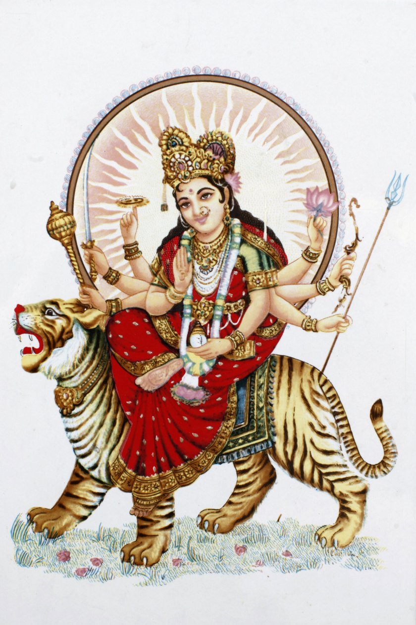 Diosa Sherawali (Durga) montando un tigre. Rishikesh, India de Unbekannt
