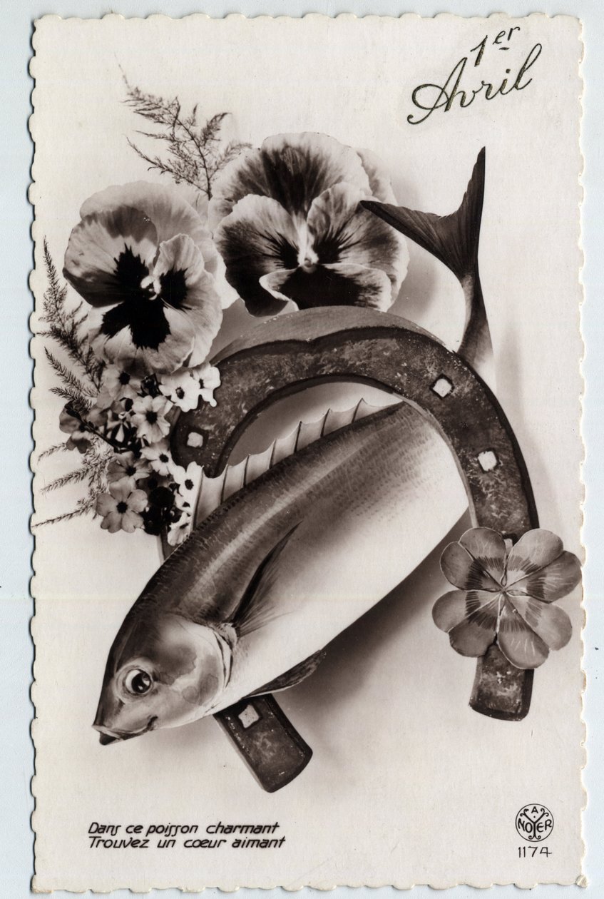 Tarjeta de felicitación para el 1 de abril: un pez, una herradura, un trébol de cuatro hojas y pensamientos - Postal finales del siglo XIX-XX de Unbekannt
