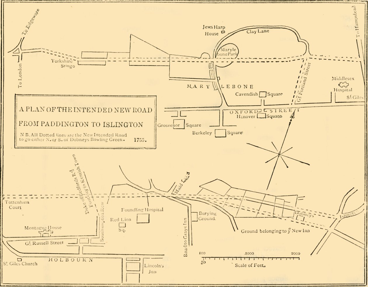 Plano del nuevo camino de Islington a Edgware Road, 1755, c1876 de Unbekannt