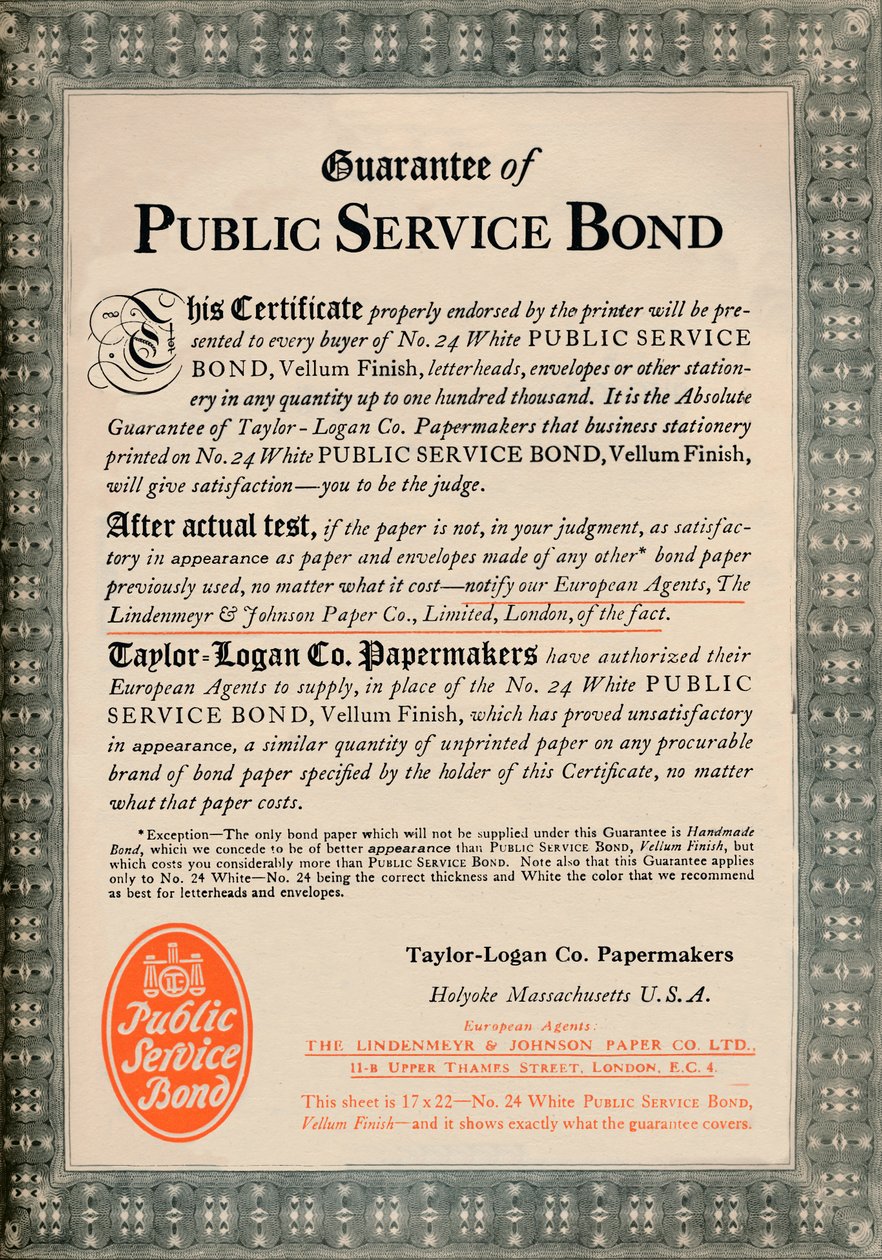 Garantía del Bono de Servicio Público - Anuncio de Taylor-Logan Co. Papermakers, 1919 de Unbekannt