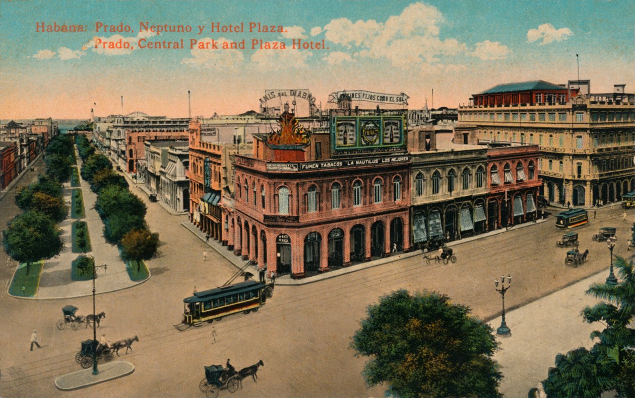 Habana: Prado, Neptuno y Hotel Plaza. Prado, Parque Central y Hotel Plaza, c1910 de Unbekannt