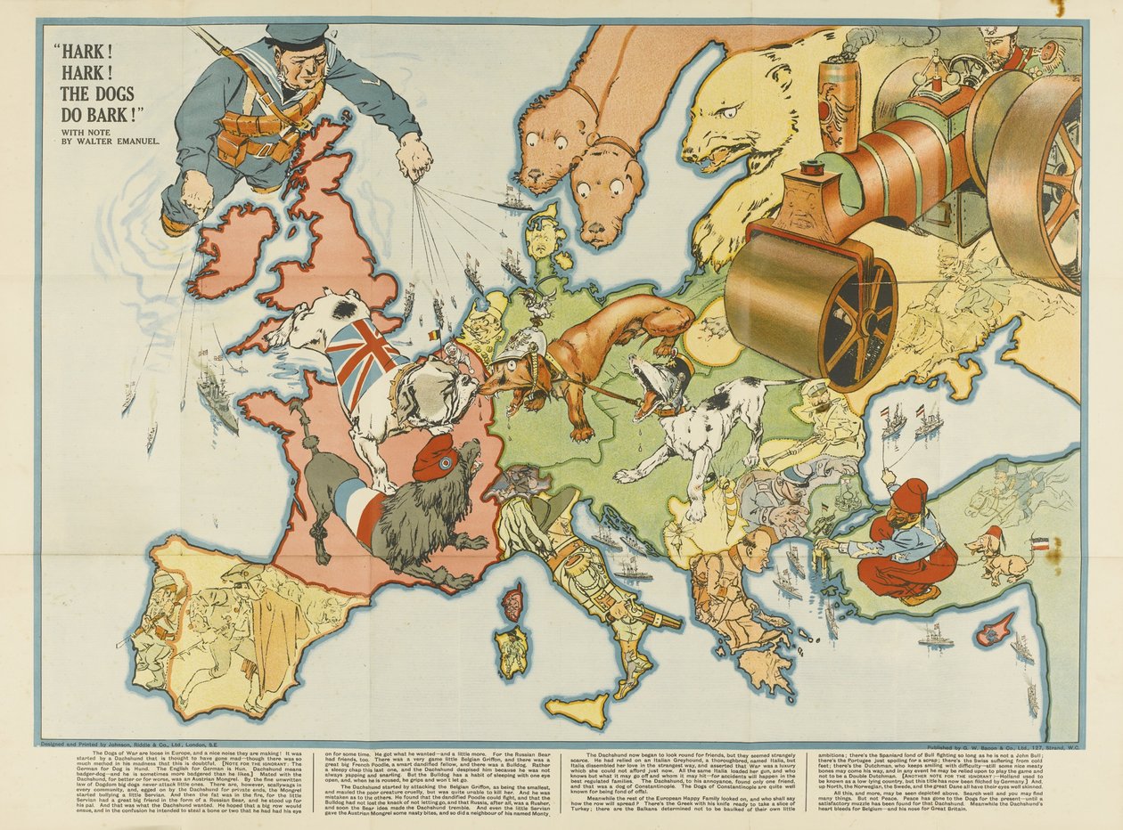 ¡Escucha! ¡Escucha! ¡Los perros ladran! Mapa satírico europeo de Unbekannt