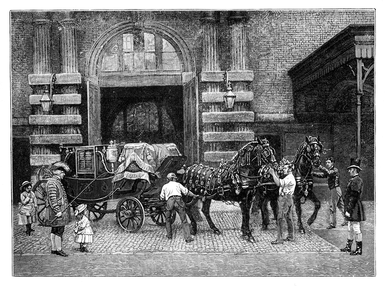 Enganchando los caballos negros en los Royal Mews, Palacio de Buckingham, Londres, c1888 de Unbekannt