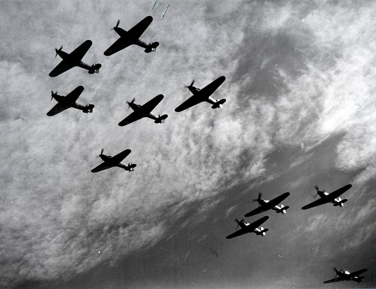Hawker Hurricanes volando en formación, Batalla de Inglaterra, Segunda Guerra Mundial de Unbekannt