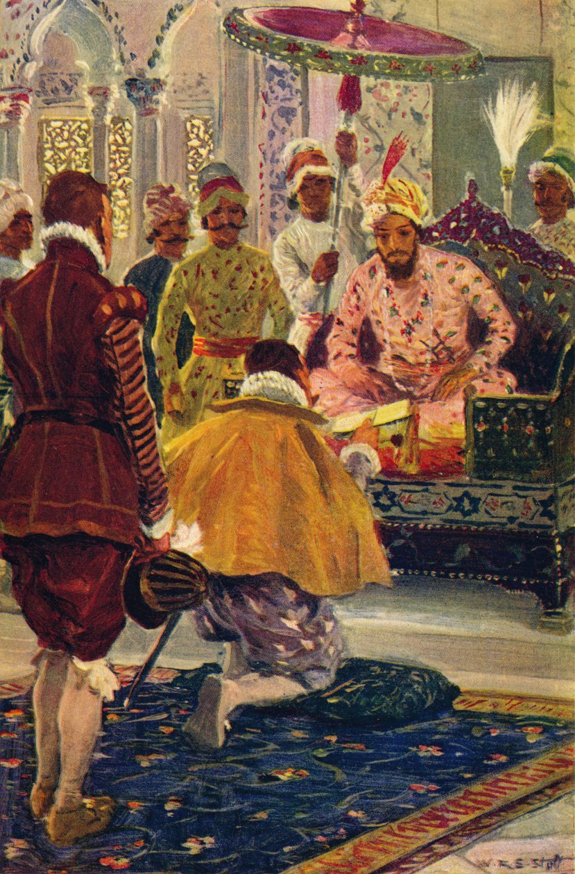 Hawkins presentando la carta del rey James al Gran Mogol, 1608 c1912 de Unbekannt