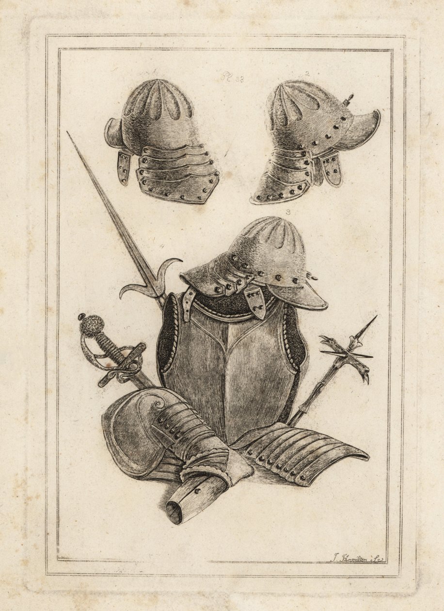 Casco de una armadura de la época del rey Carlos I, peto, tassets y pouldron 3, pertuisana antigua 4, espada con empuñadura de plata 5 y martillo de armas de la Torre de Londres 6 de Unbekannt