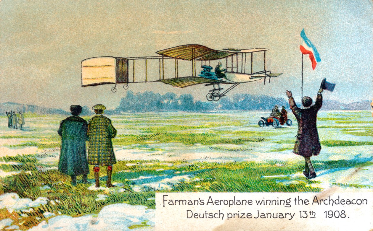 Henri Farman, aviador francés, ganando el premio por el primer vuelo circular de un kilómetro, París, enero 1908 de Unbekannt