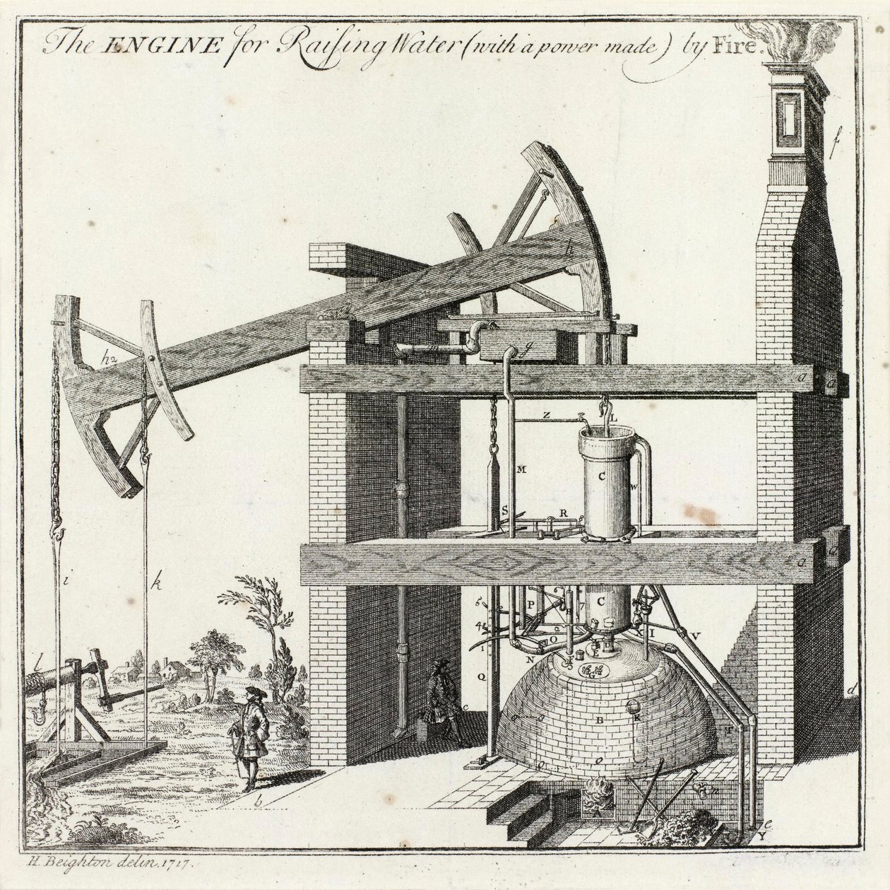 Grabado de Henry Beighton de la máquina de Newcomen en Griff de Unbekannt