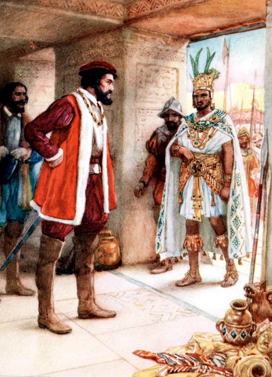 Hernán Cortés se encuentra con el emperador azteca Moctezuma, 1519 de Unbekannt