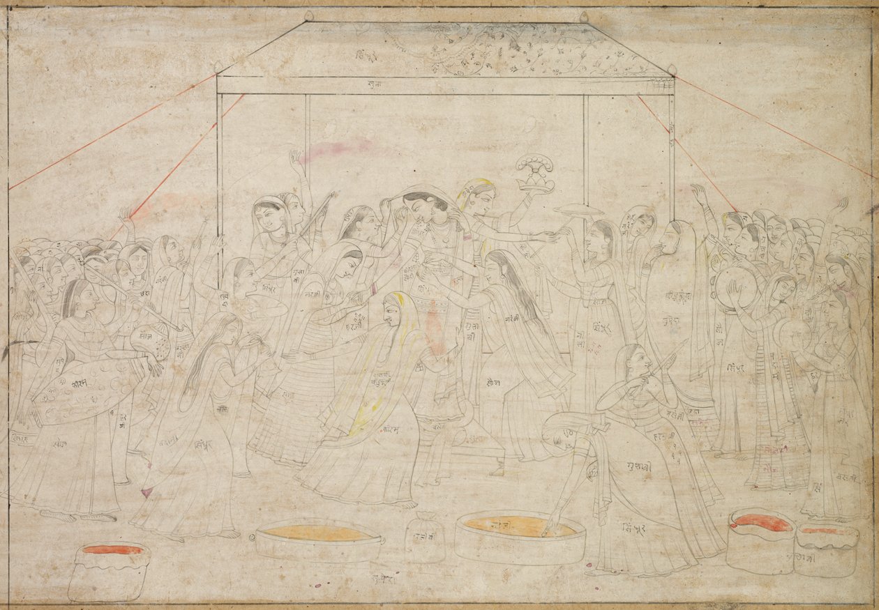 Dios hindú Krishna vestido con ropa de mujer para el festival de primavera Holi, c. 1790 de Unbekannt