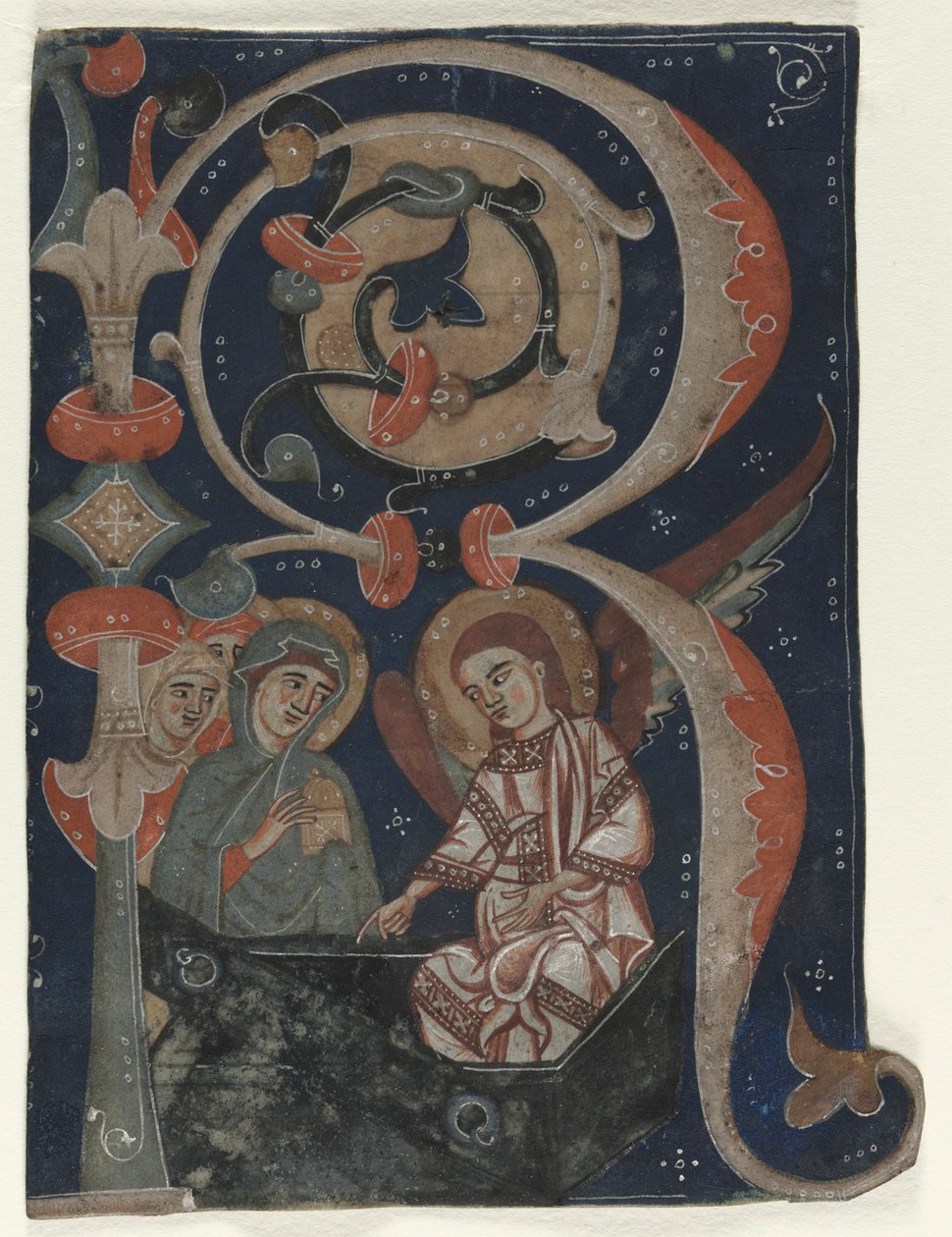Inicial historiada R excisa de un gradual: Las Tres Marías en la tumba, c. 1200-1230 de Unbekannt