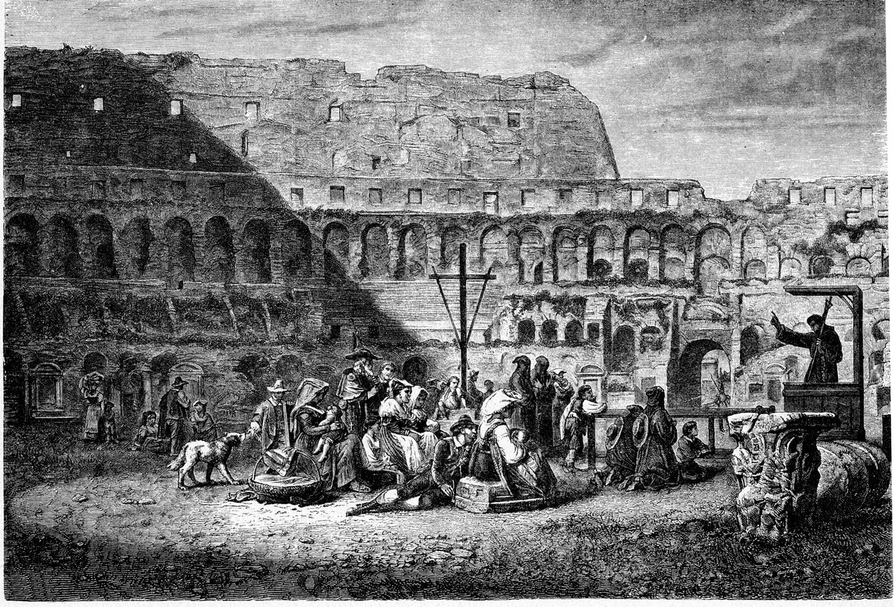 Historia de la Antigua Roma. El sermón de Cuaresma dentro del Coliseo. Grabado de 1800 de Unbekannt