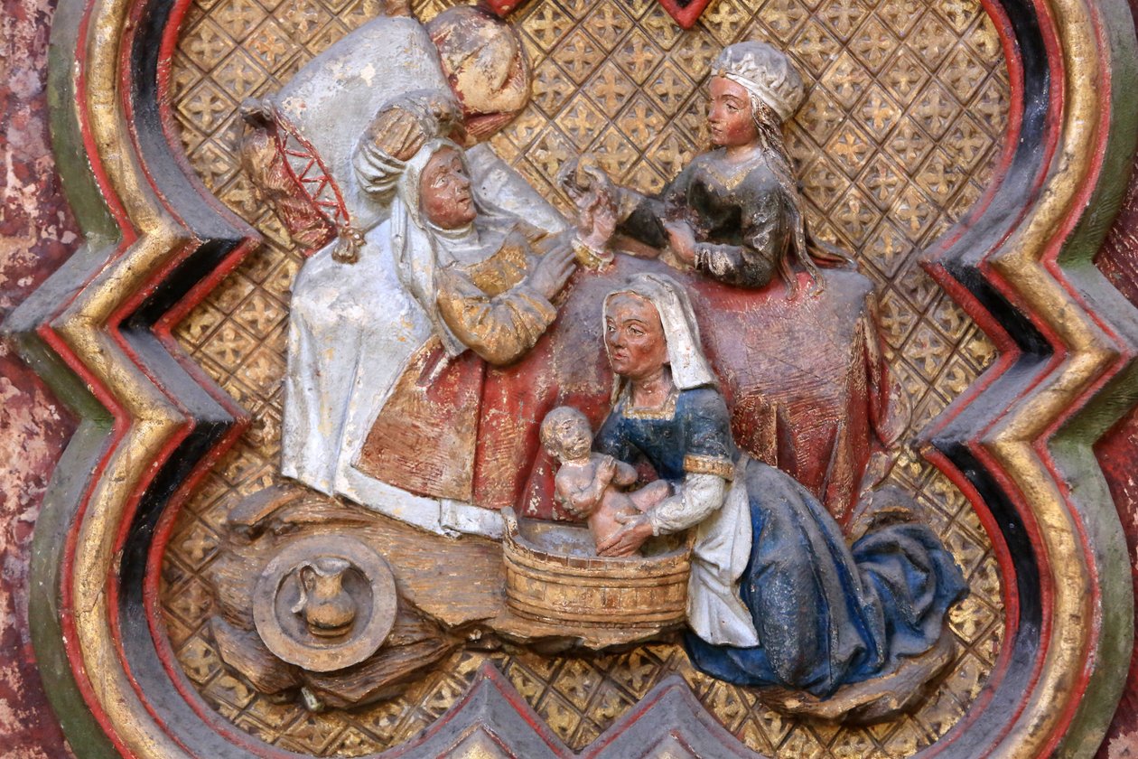 Historia de San Juan Bautista: "Natividad de San Juan Bautista." Bajo relieve del extremo norte del coro norte (1531). Piedra policromada. 1531. Catedral de Amiens, Amiens, Francia de Unbekannt