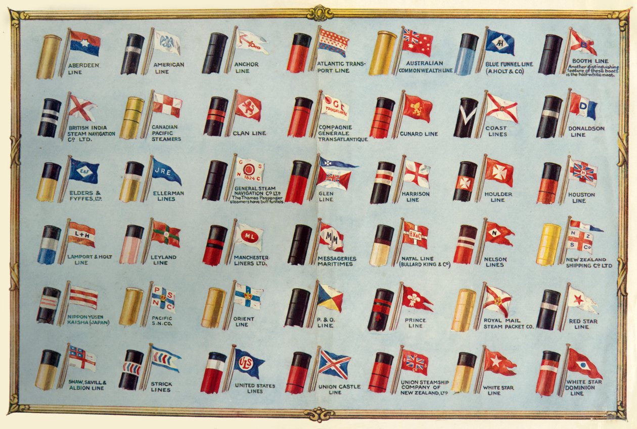 Banderas y embudos de las líneas de barcos de vapor de pasajeros, c1930 de Unbekannt